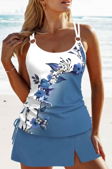 Circular Ring Floral Print Dusty Blue Tankini Set