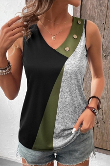 Black Button Geometric Print Sleeveless V Neck Tank Top