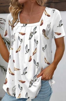 White Ruched Feathers Print Short Sleeve T Shirt