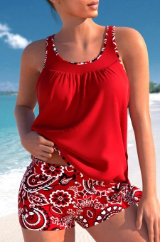 Bowknot Paisley Print Red Tankini Set