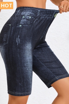 Denim Blue Skinny Elastic Waist High Waisted Shorts