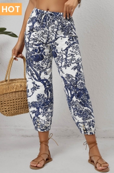 White Pocket Leaf Print Jogger Drawastring Mid Waisted Pants