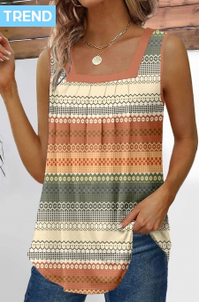 Multi Color Pleated Striped Square Neck Tank Top