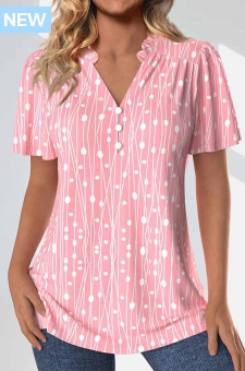 Pink Frill Geometric Print Short Sleeve Split Neck Blouse