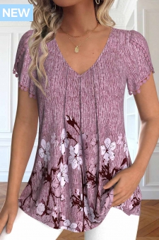 Dark Reddish Purple Embroidery Floral Print T Shirt