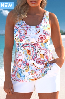 Lace Up Paisley Print White Tankini Set