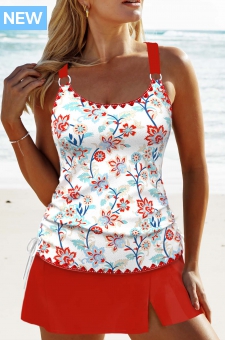 Circular Ring Floral Print Red Tankini Set