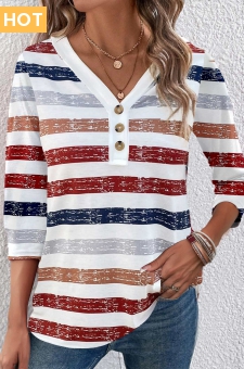 Multi Color Button 3/4 Sleeve V Neck T Shirt