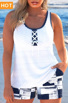 Jacquard Geometric Print White Tankini Set