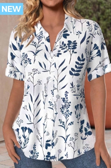 Peacock Blue Textured Fabric Leaf Print Short Sleeve Blouse