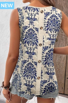 Navy Button Tribal Print Sleeveless Square Neck Tank Top