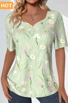 Light Green Textured Fabric Floral Print T Shirt