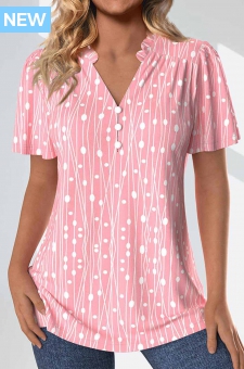 Pink Frill Geometric Print Short Sleeve Split Neck Blouse