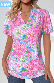 Neon Pink Frill Floral Print Short Sleeve Blouse