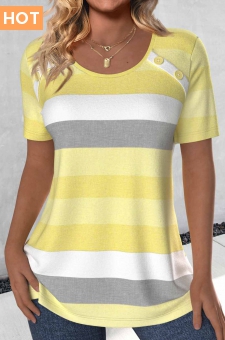 Light Yellow Button Striped Short Sleeve T Shirt