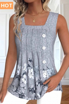 Light Grey Marl Button Floral Print Sleeveless Tank Top