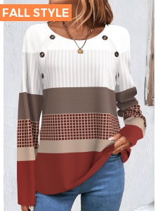 Wine Red Patchwork Geometric Print Long Sleeve Sweatshirt