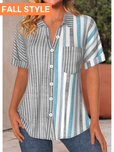 Light Grey Button Striped Short Sleeve Blouse