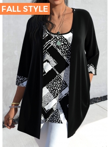 Black Patchwork Geometric Print Tank Top and Cardigan