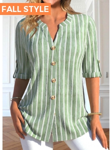 Light Green Button Striped Half Sleeve Blouse