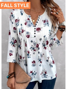White Tuck Stitch Floral Print 3/4 Sleeve Blouse