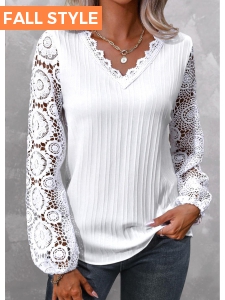 White Lace Long Sleeve V Neck Blouse