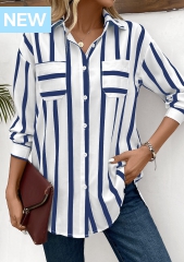 Blue Pocket Striped Long Sleeve Shirt Collar Blouse