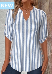 White Button Striped 3/4 Sleeve Split Neck Shirt
