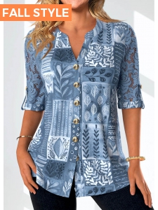 Denim Blue Lace Leaf Print Half Sleeve Blouse