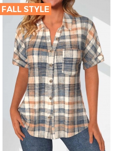 Multi Color Button Plaid Short Sleeve Blouse