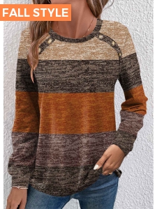 Dark Camel Button Striped Long Sleeve T Shirt
