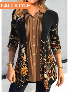 Black Fake 2in1 Leaf Print Long Sleeve Blouse