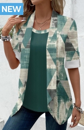 Sage Green Fake 2in1 Geometric Print T Shirt