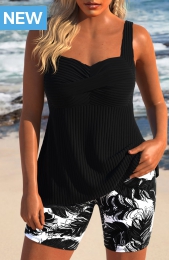 Surplice Feathers Print Black Tankini Set