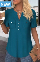 Peacock Blue Button Short Sleeve Split Neck Blouse