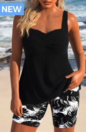 Surplice Feathers Print Black Tankini Set