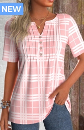 Pink Tuck Stitch Plaid Short Sleeve T Shirt