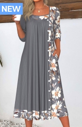 Dark Grey Patchwork Floral Print A Line Dress