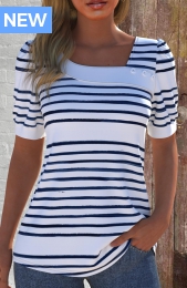White Asymmetry Striped Short Sleeve Asymmetrical Neck T Shirt