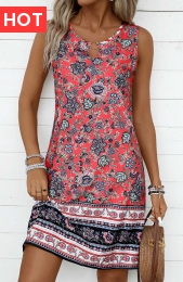 Coral Circular Ring Tribal Print Sleeveless Round Neck Dress