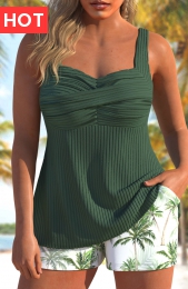 Surplice Tropical Plants Print Olive Green Tankini Set