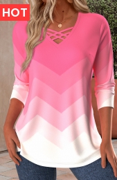 Pink Criss Cross Ombre Short Sleeve T Shirt