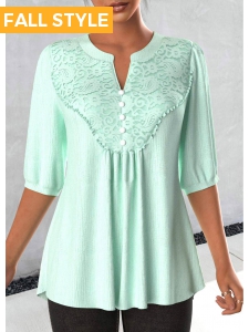 Light Green Lace Three 3/4 Sleeve Blouse