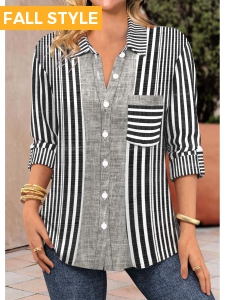 Black Patchwork Striped Long Sleeve Shirt Collar Blouse