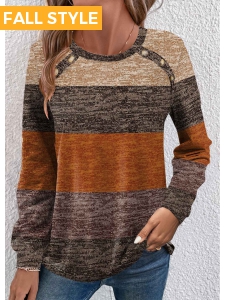 Dark Camel Button Striped Long Sleeve T Shirt