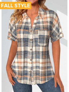 Multi Color Button Plaid Short Sleeve Blouse