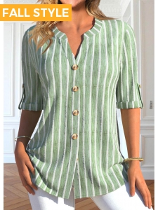 Light Green Button Striped Half Sleeve Blouse