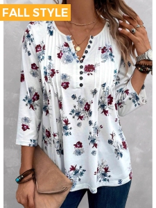 White Tuck Stitch Floral Print 3/4 Sleeve Blouse