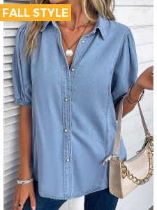 Light Blue Button Half Sleeve Shirt Collar Blouse