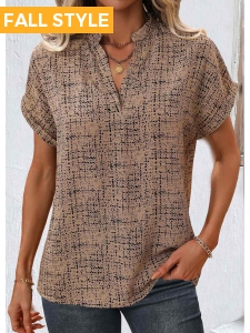 Light Coffee Split Geometric Print Short Sleeve Blouse